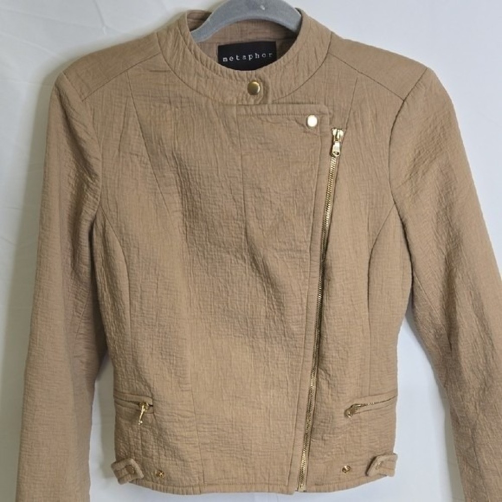 Metaphor Asymmetrical Cropped‎ Moto Jacket, Biker Chic, Tan Gold Zippers, Small